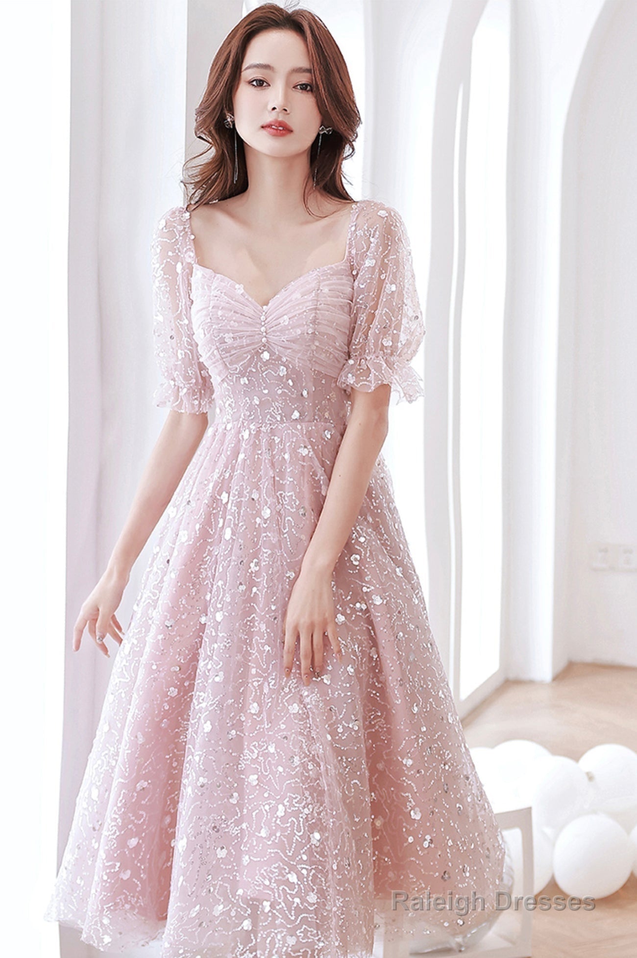 Pink Tulle Sequins Short A-Line Prom Dresses Cute Short Sleeve Prom Dresses Main image