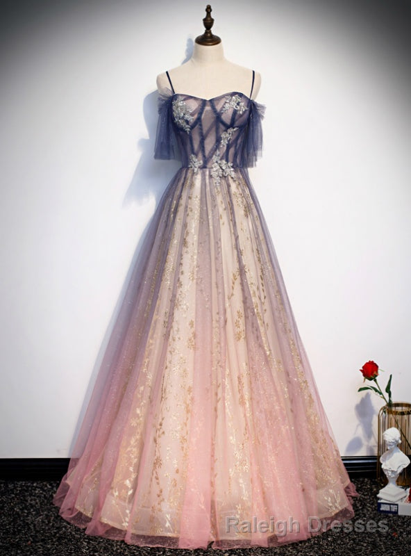 Pink Tulle Sequins Spaghetti Straps Appliques Prom Dress Main image