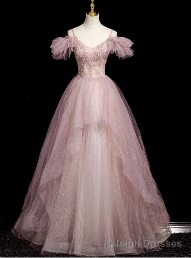 Pink Tulle Sequins Spaghetti Straps Beading Prom Dress Main image