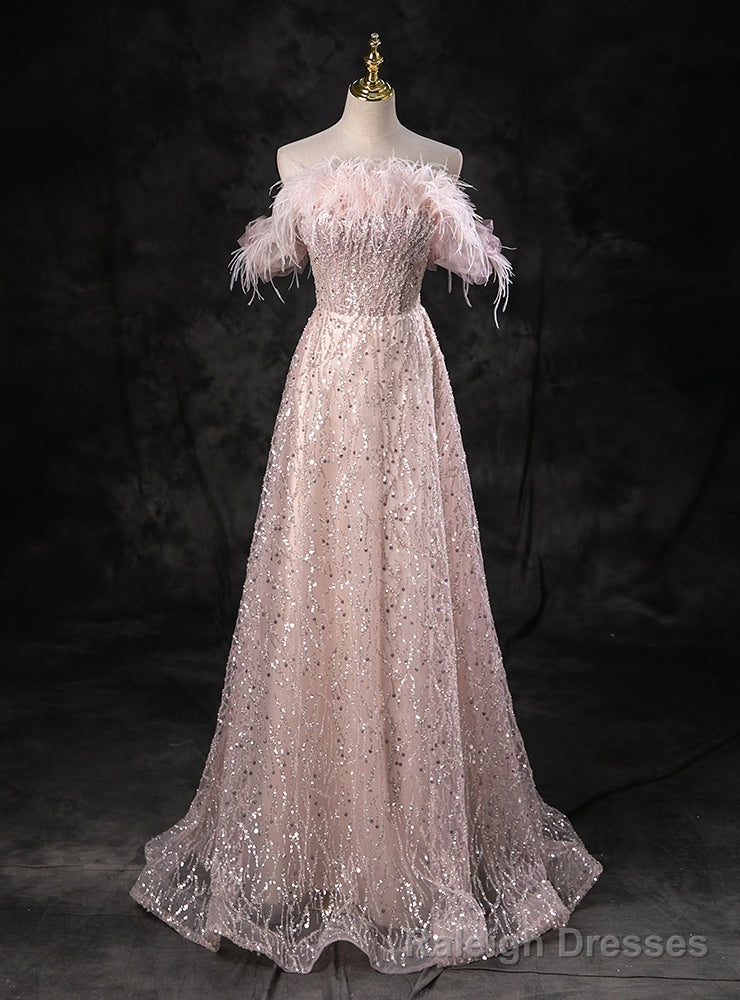 Pink Tulle Sequins Strapless Feather Prom Dress Main image
