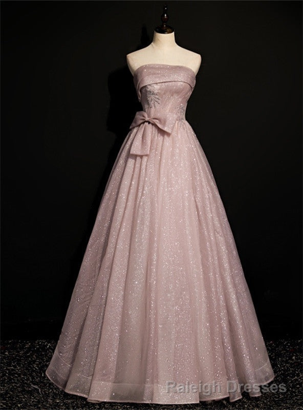 Pink Tulle Sequins Strapless Pleats Beading Prom Dress Main image