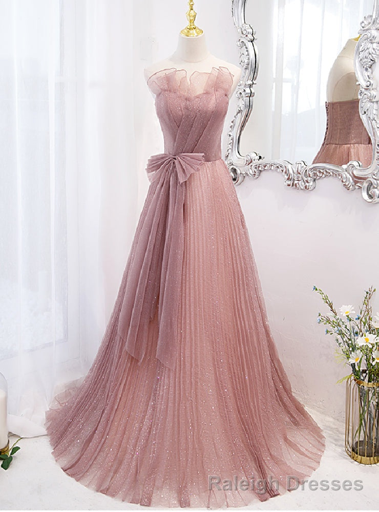 Pink Tulle Sequins Strapless Pleats Bow Prom Dress Main image