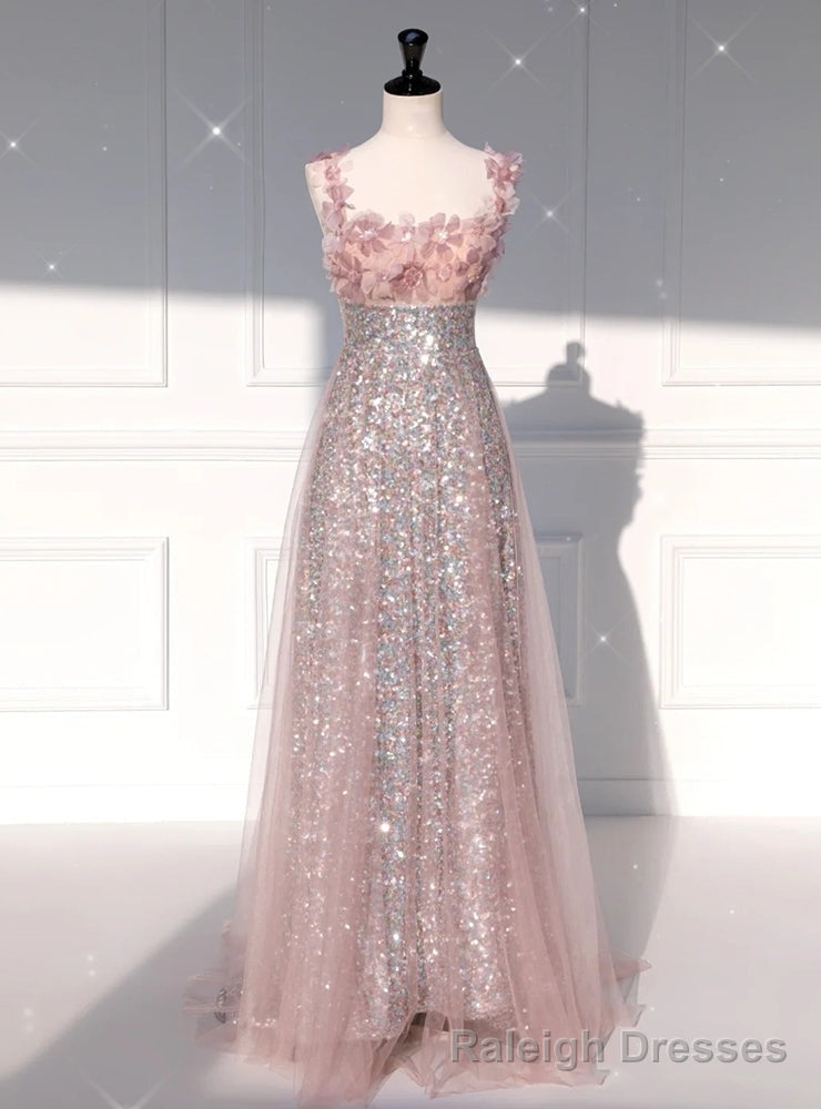 Pink Tulle Sequins Straps Flower Prom Dress Main image