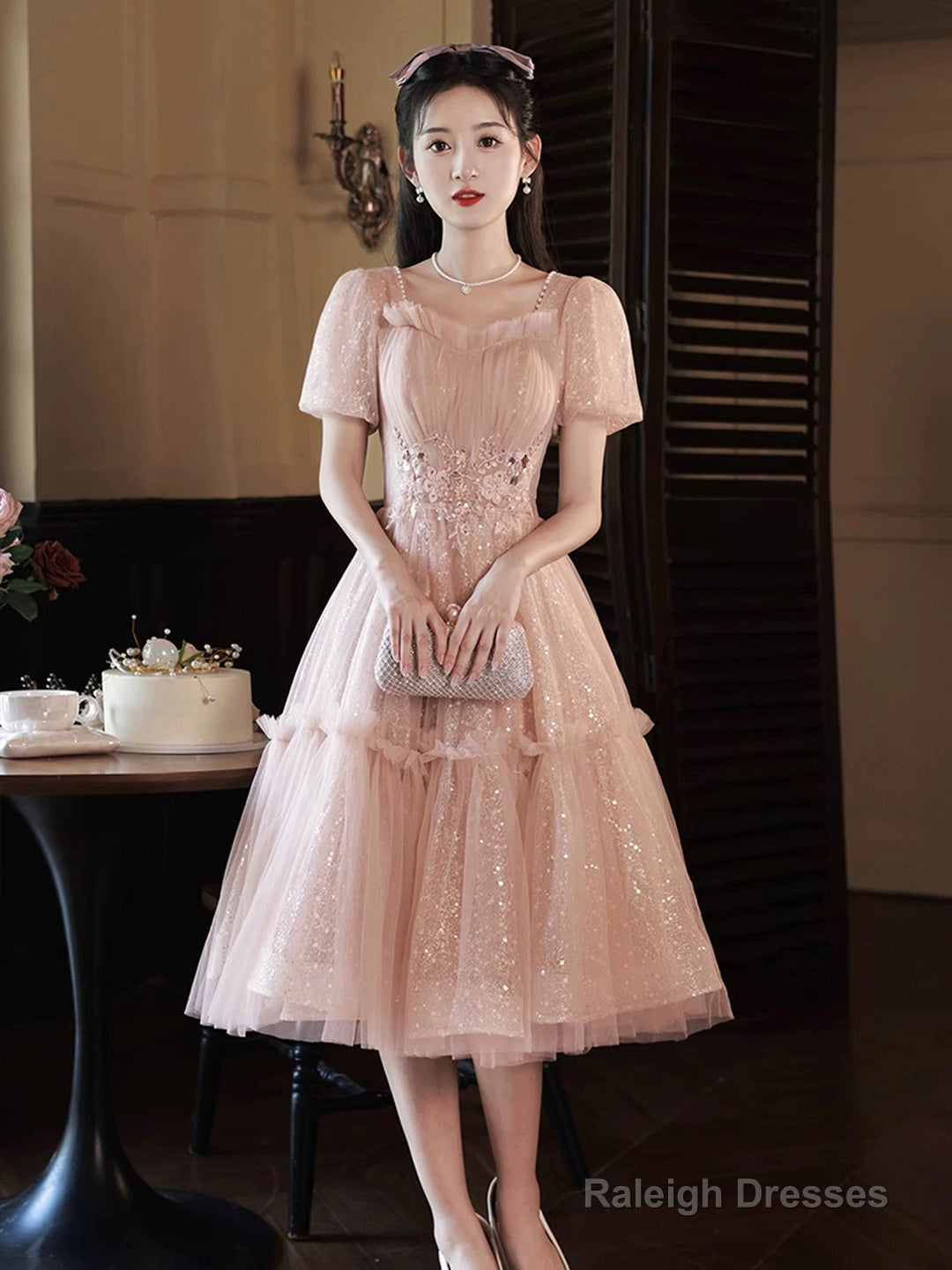 Pink Tulle Sequins Sweetheart Short Prom Dress, Pink Short Sleeve Party Dress
