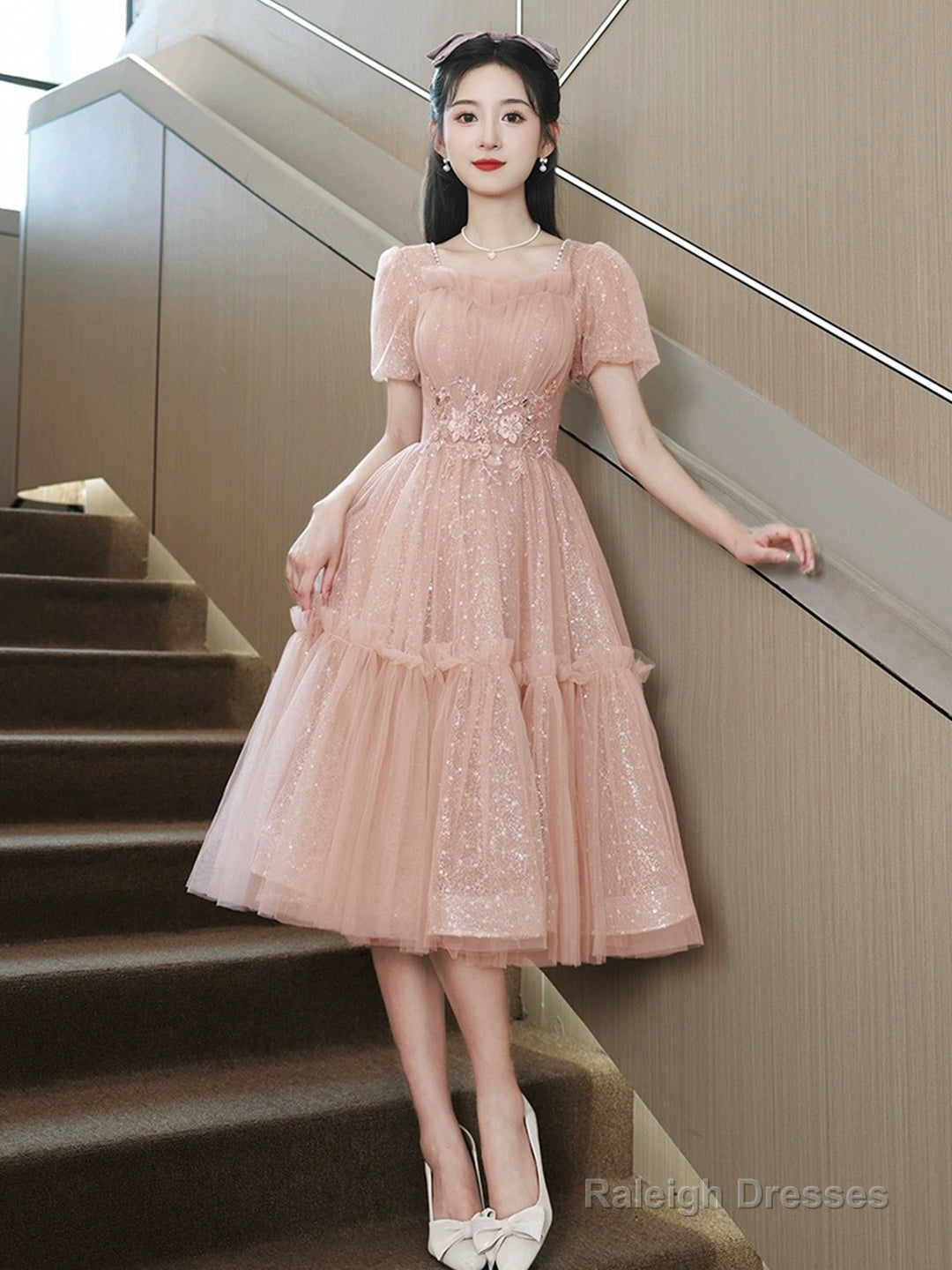 Pink Tulle Sequins Sweetheart Short Prom Dress, Pink Short Sleeve Party Dress