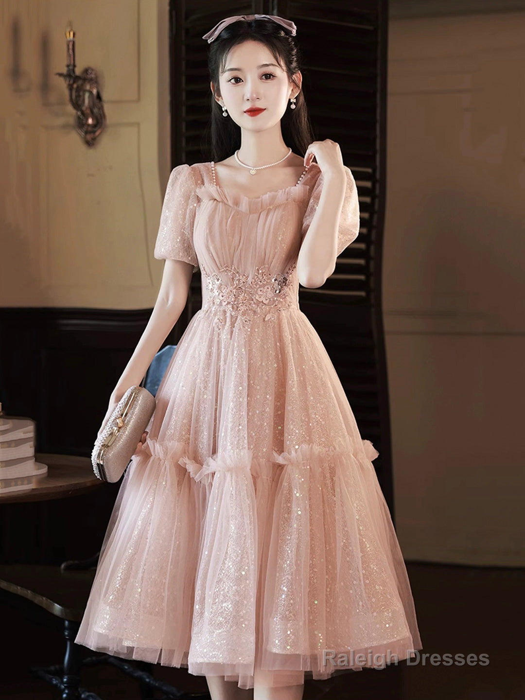 Pink Tulle Sequins Sweetheart Short Prom Dress, Pink Short Sleeve Party Dress