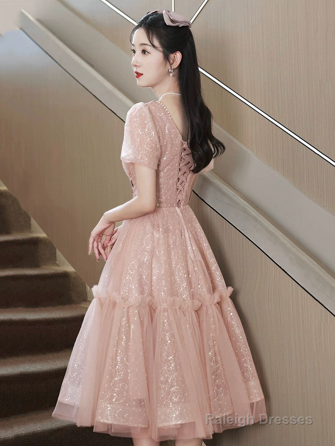 Pink Tulle Sequins Sweetheart Short Prom Dress, Pink Short Sleeve Party Dress