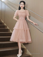 Pink Tulle Sequins Sweetheart Short Prom Dress, Pink Short Sleeve Party Dress