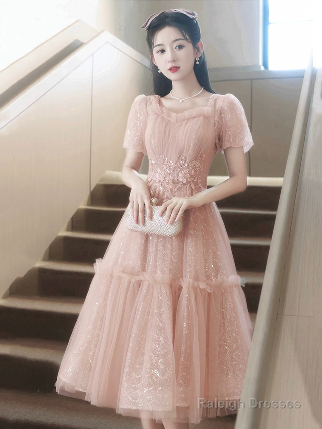 Pink Tulle Sequins Sweetheart Short Prom Dress, Pink Short Sleeve Party Dress Main image