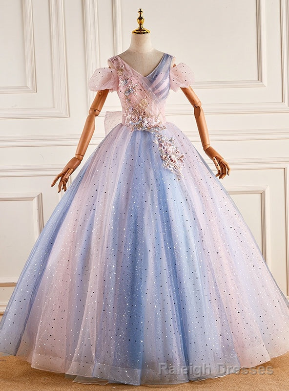 Pink Tulle Sequins V-neck Appliques Quinceanera Dress Main image