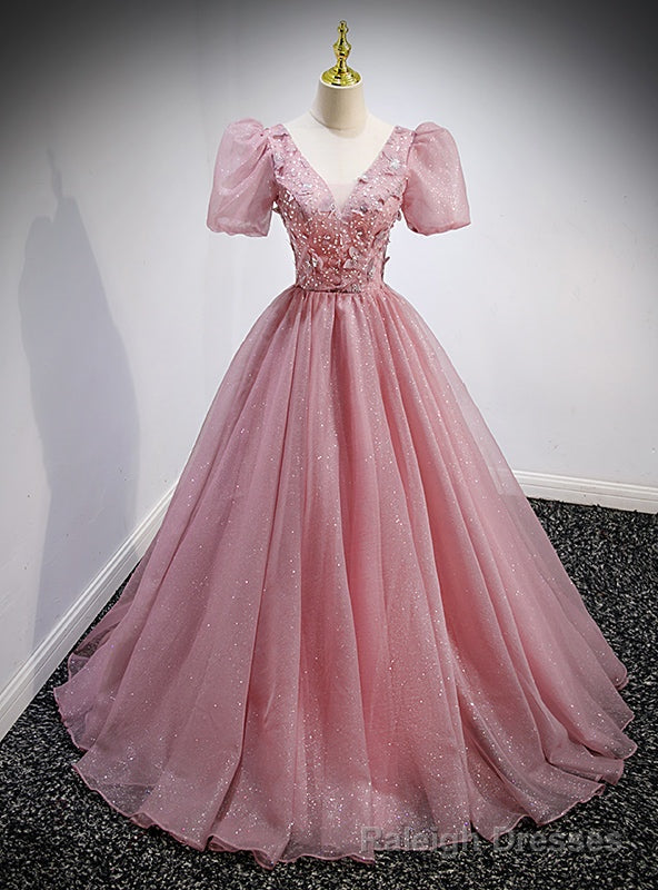 Pink Tulle Sequins V-neck Puff Sleeve Beading Prom Dress Main image