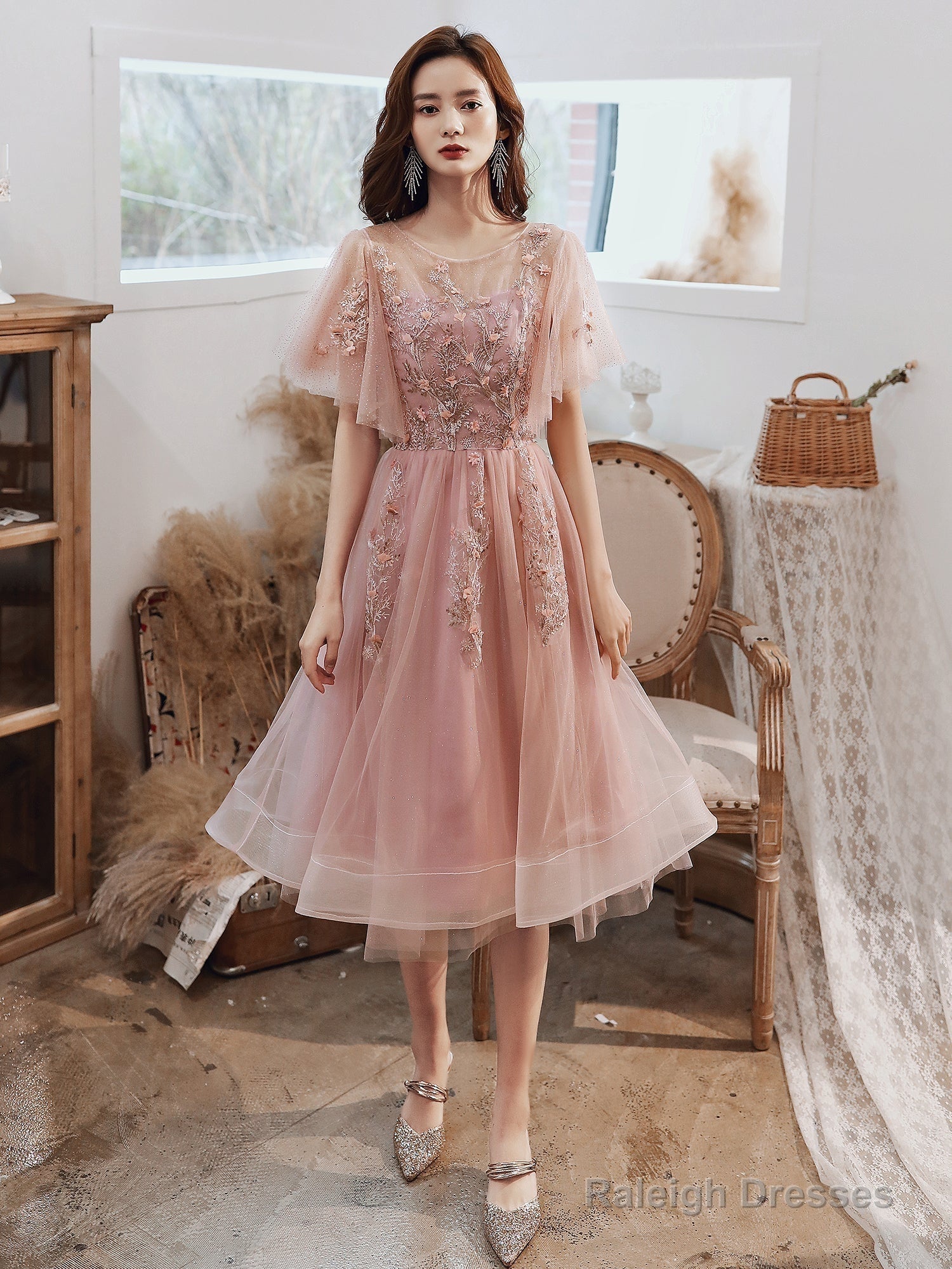 Pink Tulle Short Formal Dress With Lace, Pink Homecoming Dress Secondary image
