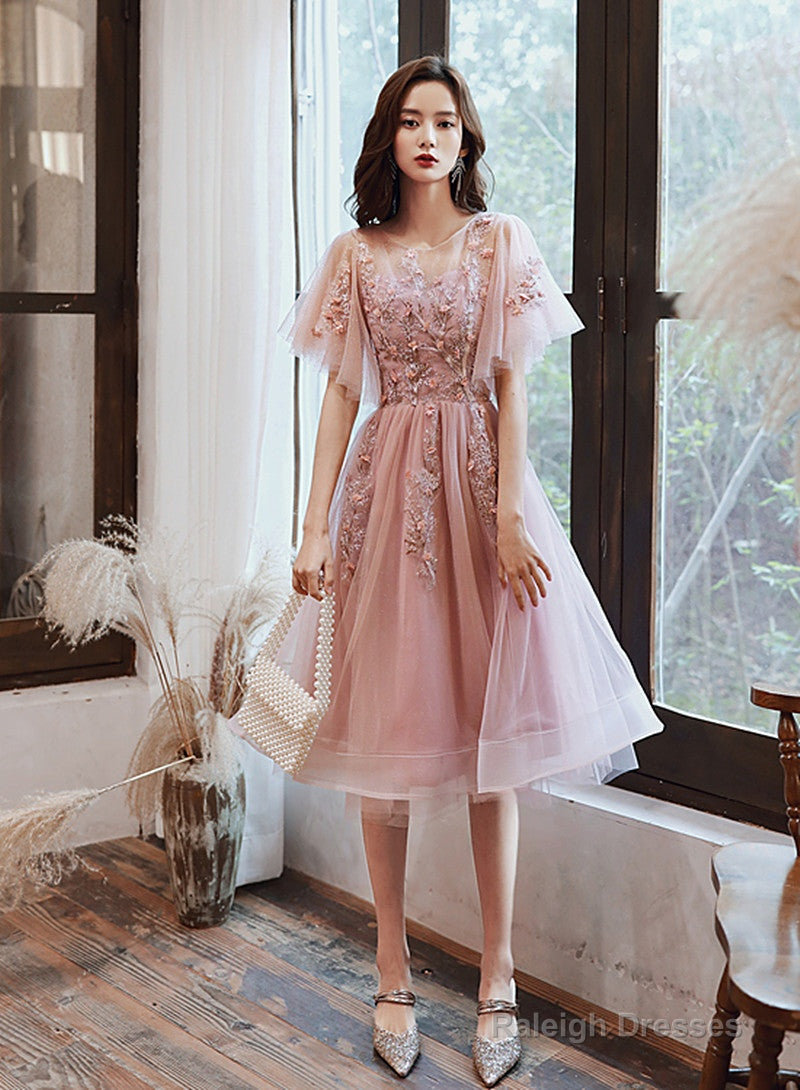 Pink Tulle Short Formal Dress With Lace, Pink Homecoming Dress Main image