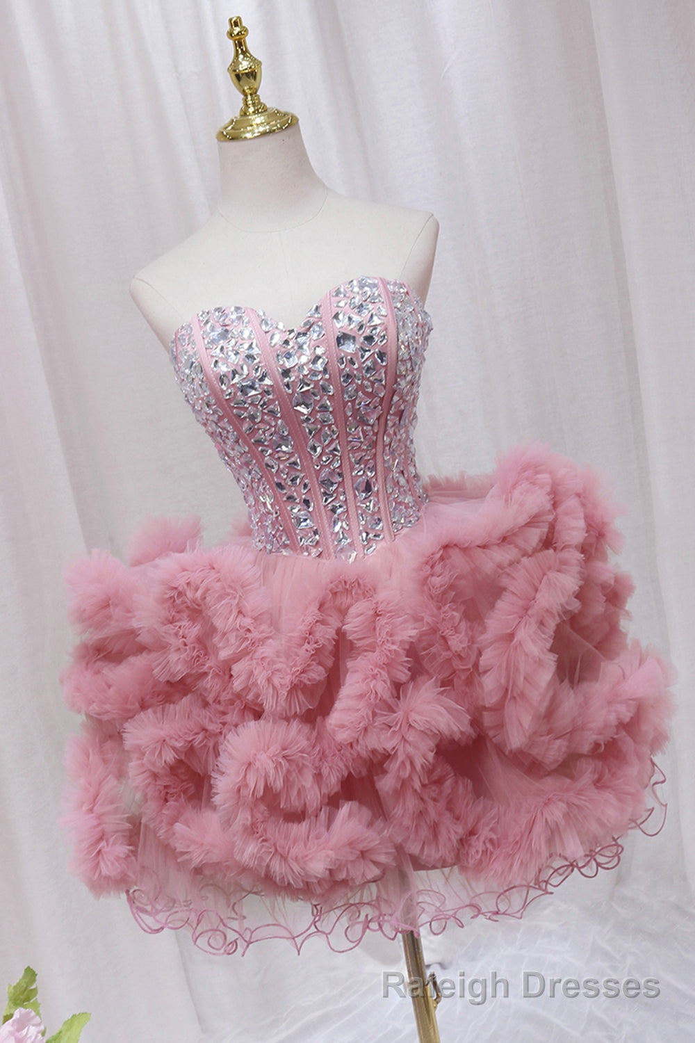 Pink Tulle Short Homecoming Dress with Rhinestones, Cute Party Dress Main image