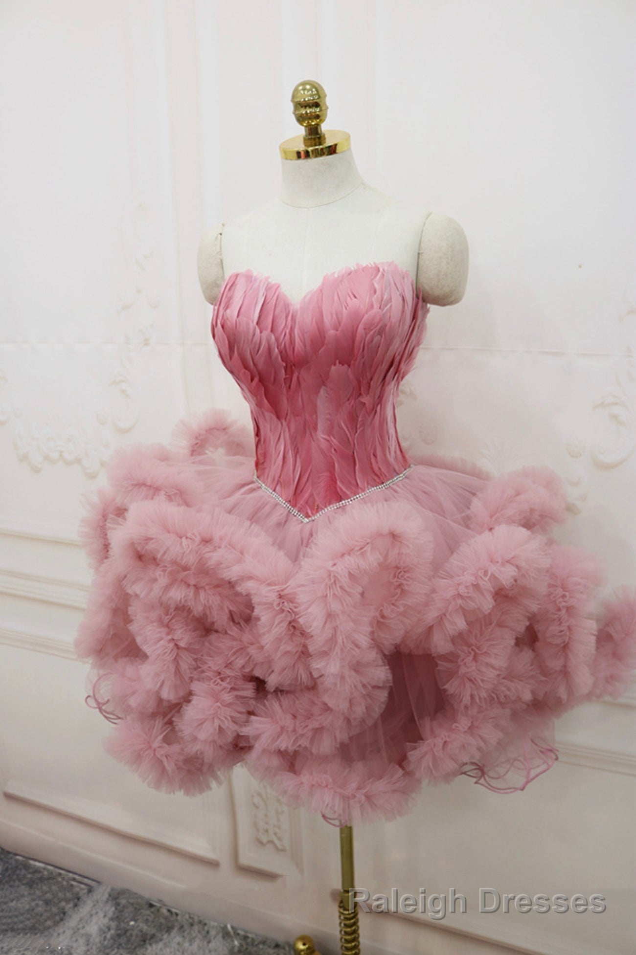 Pink Tulle Short Prom Dress with Feather, Chic Pink Strapless Party Dress Secondary image