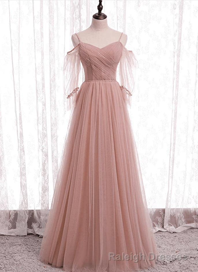 Pink Tulle Simple A-line Long Wedding Party Dresses Pink Formal Dresses prom dresses shops Main image