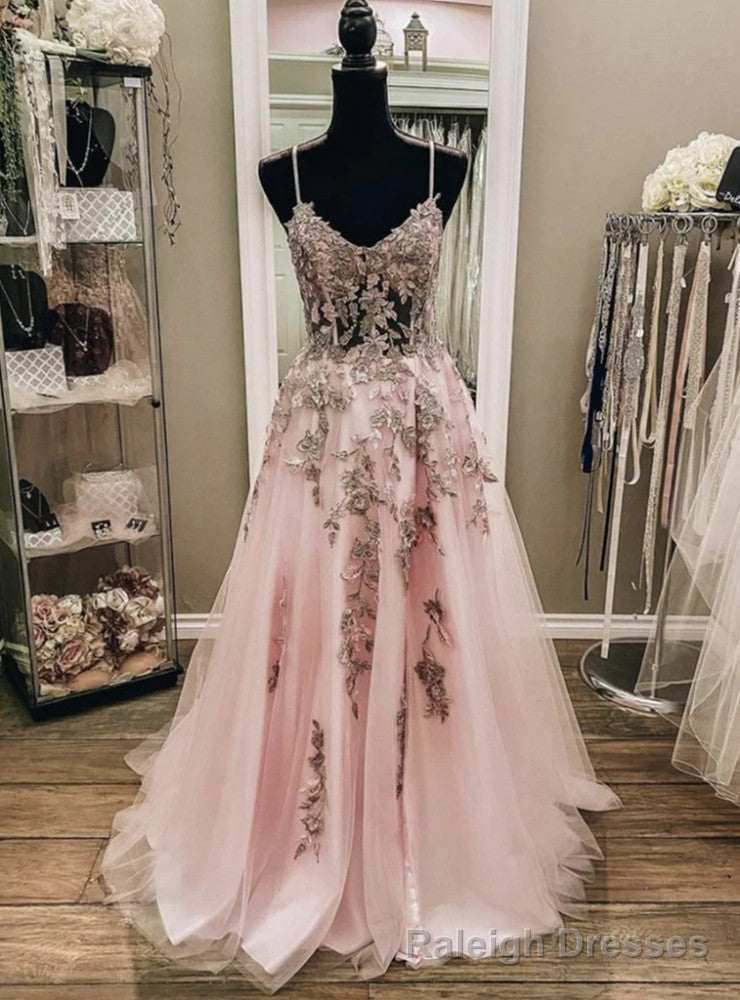 Pink Tulle Spaghetti Straps Appliques Prom Dress