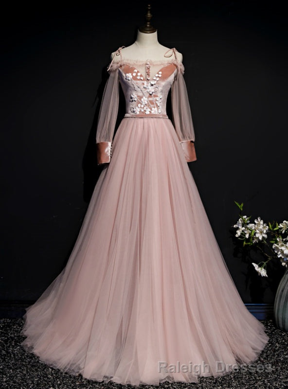 Pink Tulle Spaghetti Straps Long Sleeve Appliques Prom Dress Main image