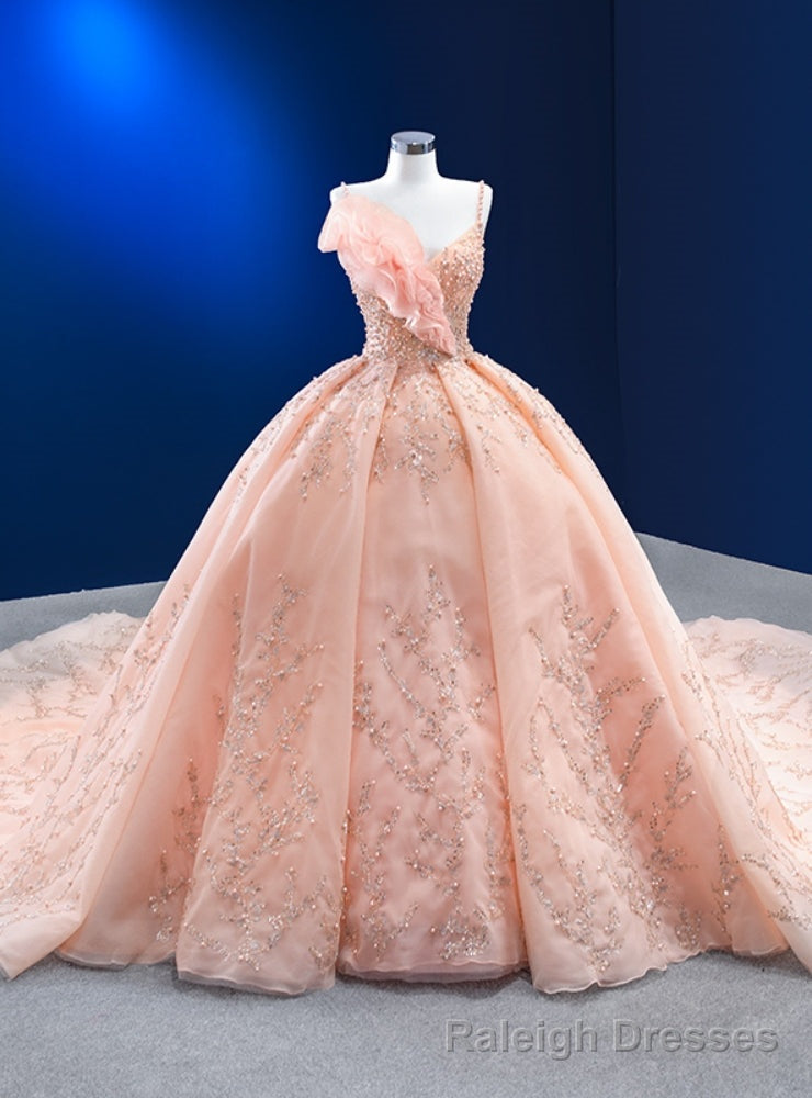 Pink Tulle Spaghetti Straps Pearls Sequins Prom Dress Main image