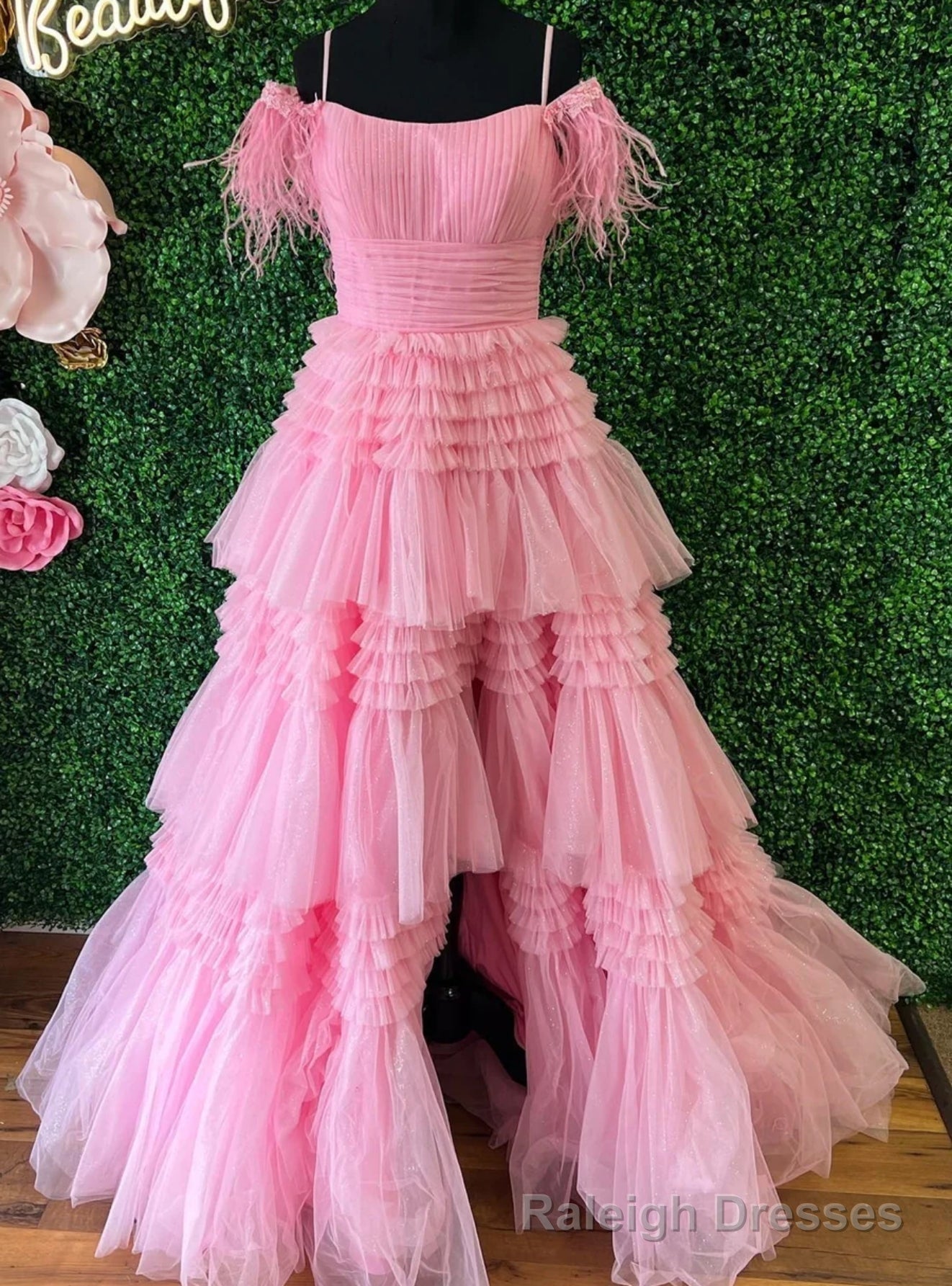 Pink Tulle Spaghetti Straps Pleats Feather Prom Dress