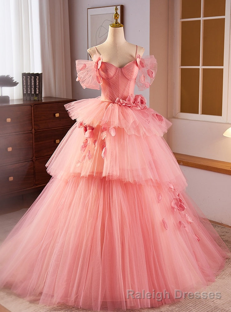 Pink Tulle Spaghetti Straps Pleats Flower Prom Dress Main image