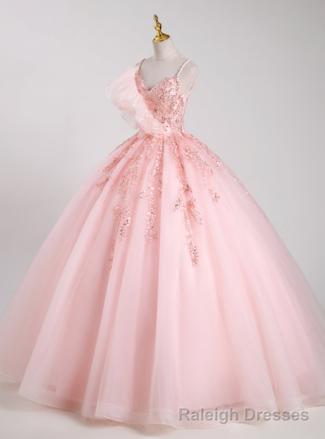 Pink Tulle Spaghetti Straps Sequins Beading Quinceanera Dress