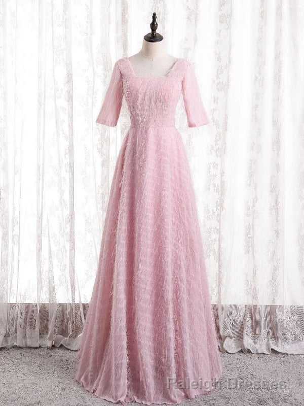 Pink Tulle Square Short Sleeve Prom Dress Main image