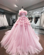 Pink Tulle Strapless Ball Gown With 3D Flowers