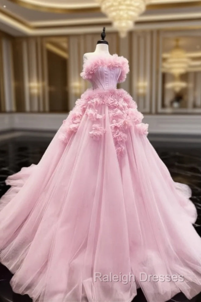 Pink Tulle Strapless Ball Gown With 3D Flowers