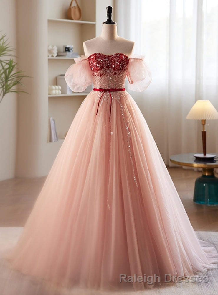 Pink Tulle Strapless Beading Sequins Prom Dress Main image