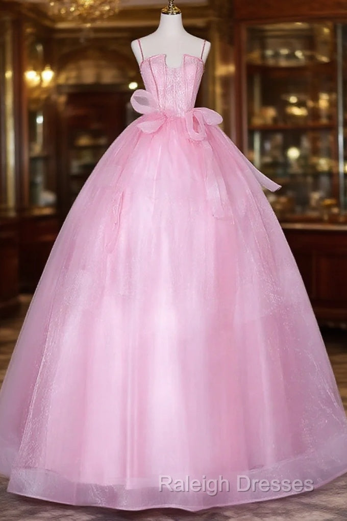 Pink Tulle Straps Ball Gown Long Sweet 16 Dress, Pink Tulle Formal Dress Main image