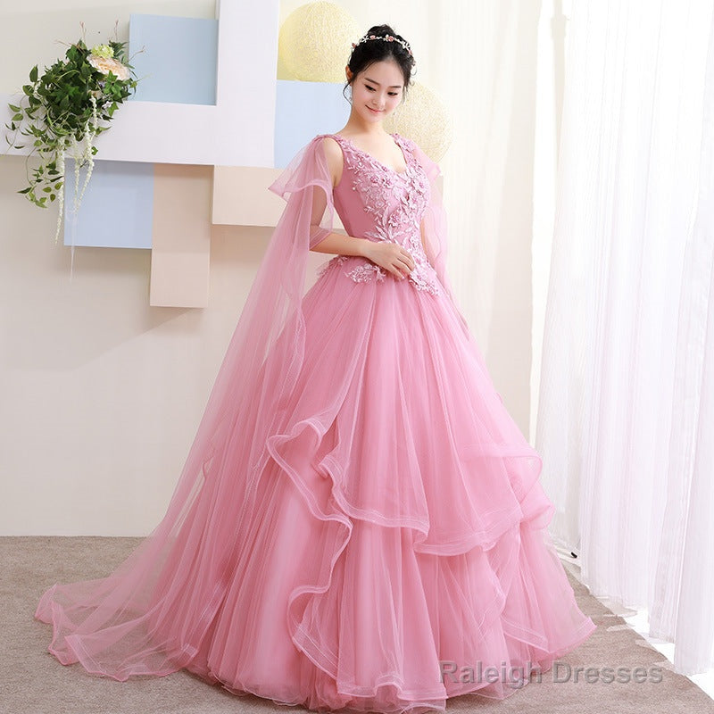 Pink Tulle Sweet 16 Party Dress With Lace Applique Formal Dress, Pink Quinceanera Dresses Secondary image