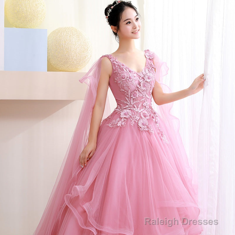 Pink Tulle Sweet 16 Party Dress With Lace Applique Formal Dress, Pink Quinceanera Dresses