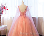 Pink Tulle Sweet 16 Prom Dresses With Lace Applique Long Prom Gown