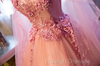 Pink Tulle Sweet 16 Party Dress With Lace Applique, Long Formal Gown