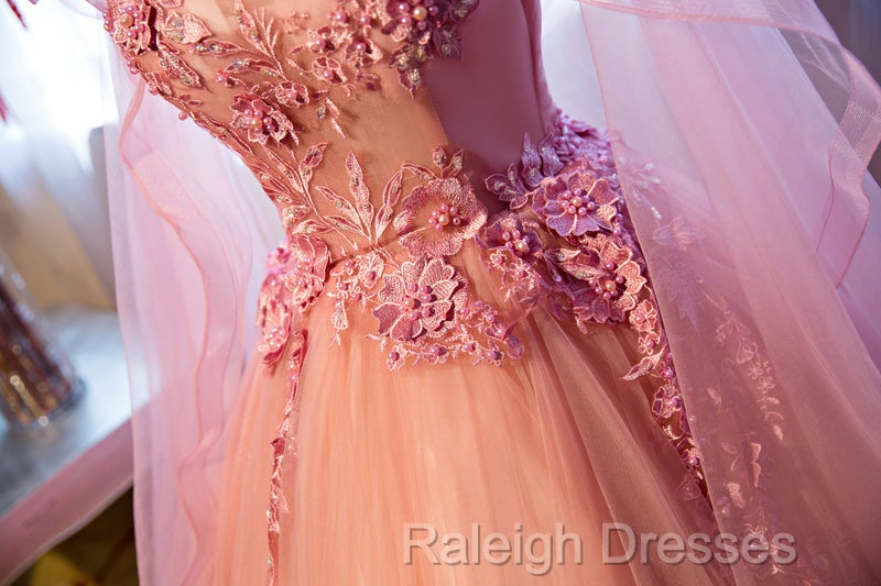 Pink Tulle Sweet 16 Party Dress With Lace Applique, Long Formal Gown