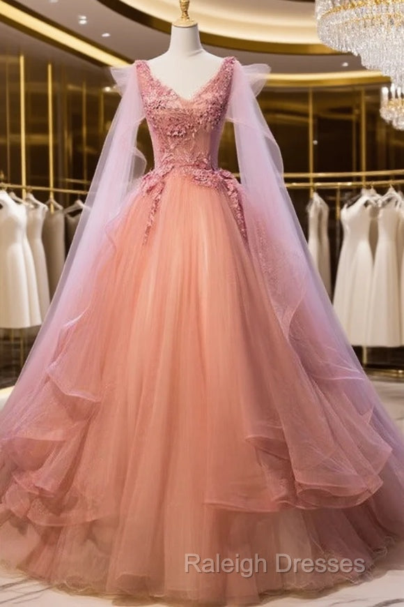 Pink Tulle Sweet 16 Prom Dresses With Lace Applique Long Prom Gown