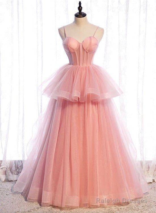 Pink Tulle Sweetheart Straps Long Formal Dresses, Pink Layers Party Dresses Main image