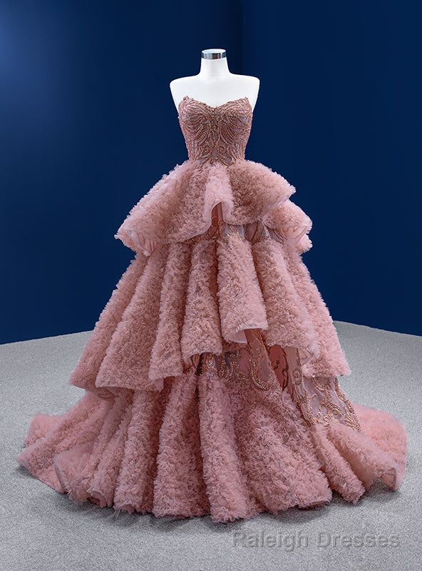 Pink Tulle Sweetheart Tiers Beading Sequins Prom Dress Main image