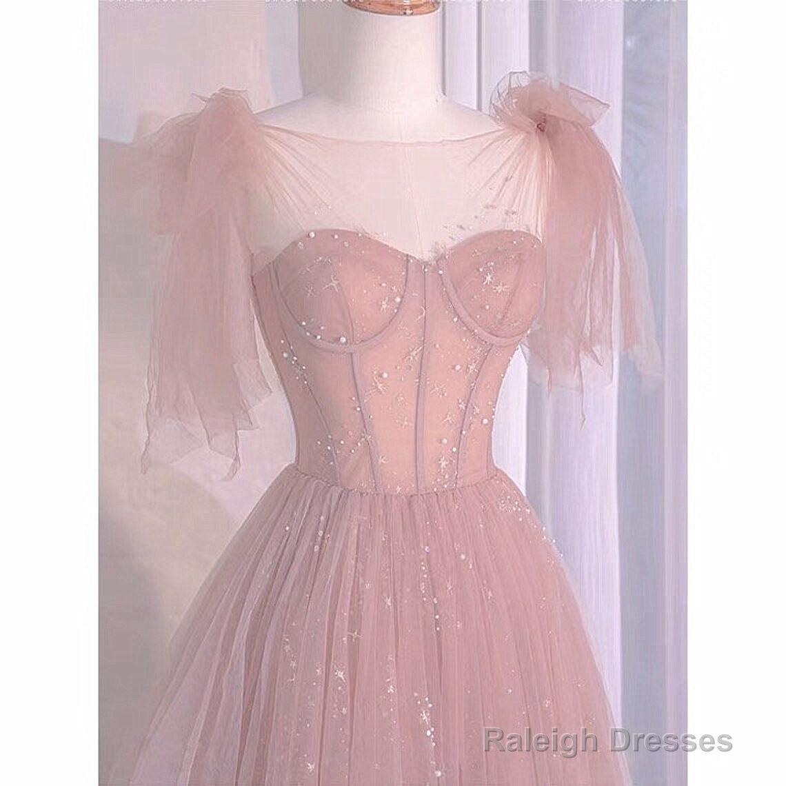 Pink Tulle Sweetheart Tulle With Pearls A-Line Prom Dress, Pink Long Evening Dress Secondary image