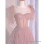 Pink Tulle Sweetheart Tulle With Pearls A-Line Prom Dress, Pink Long Evening Dress