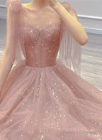 Pink Tulle Sweetheart Tulle With Pearls A-Line Prom Dress, Pink Long Evening Dress