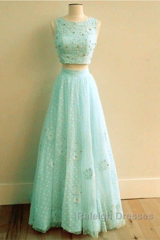 Pink Tulle Two Piece Prom Dresses Lace Crop