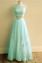 Pink Tulle Two Piece Prom Dress Lace Crop
