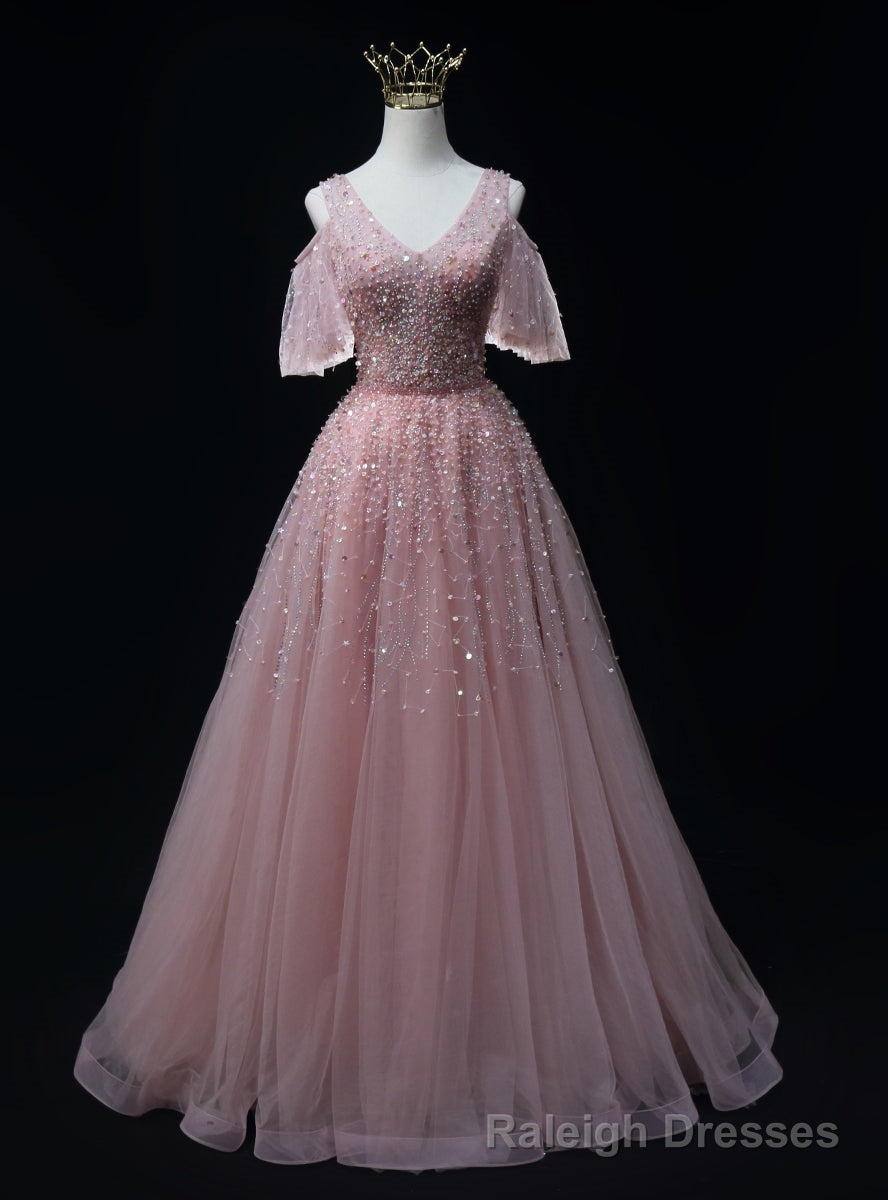 Pink Tulle V-neck Beading Sequins Princess Prom Dress Main image