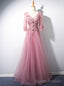 Pink Tulle V-neck Short Sleeve Appliques Beading Prom Dress