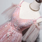 Pink Tulle V Neckline Floral Long Prom Dress, Pink Straps Prom Dress