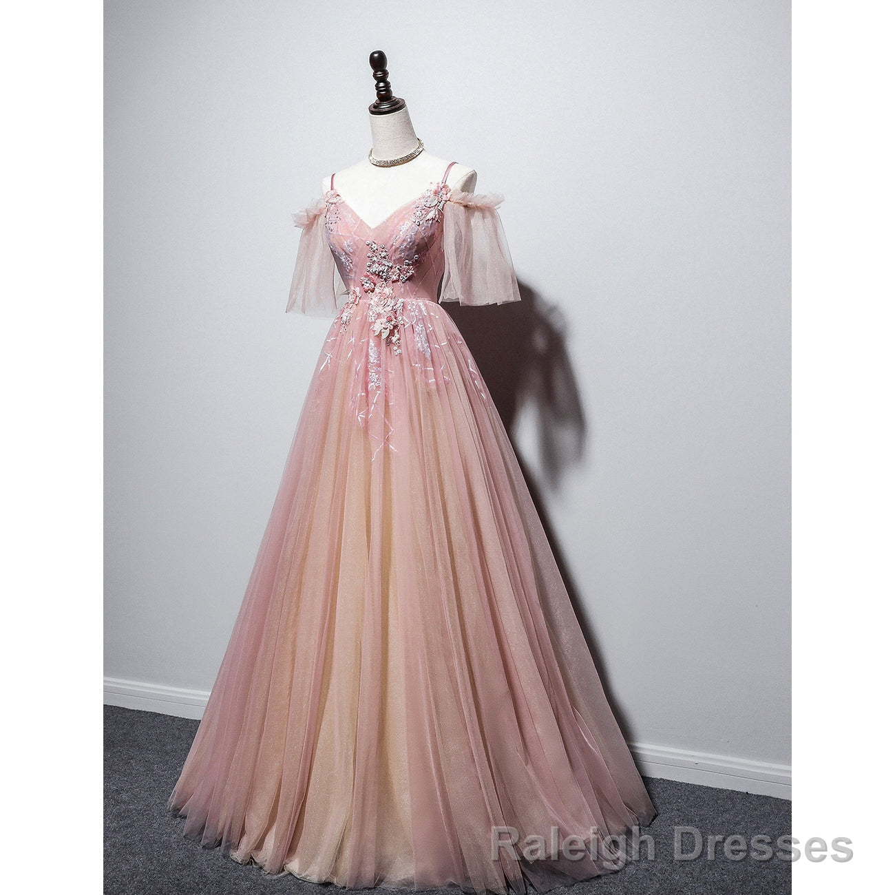 Pink Tulle V Neckline Floral Long Prom Dress, Pink Straps Prom Dress Main image