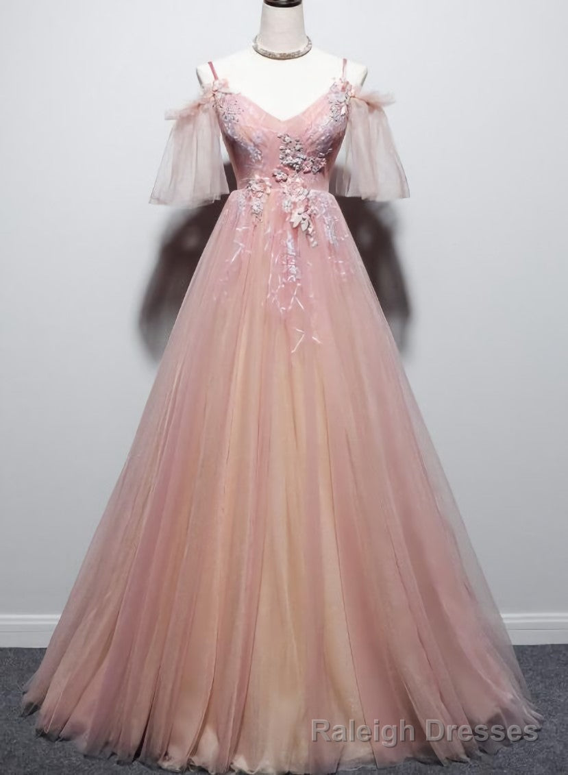 Pink Tulle V Neckline Floral Long Prom Dress, Pink Straps Prom Dress Secondary image