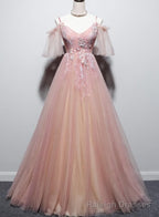 Pink Tulle V Neckline Floral Long Prom Dress, Pink Straps Prom Dress